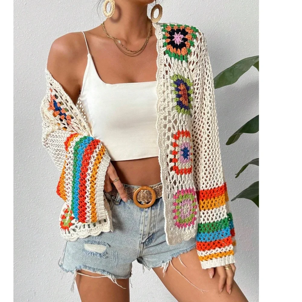 Boho Grannycore crochet open Front Loose Fit Bell Sleeve cArdigan